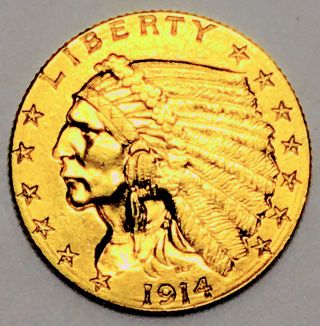 1914 D Gold Indian 2 1/2 Dollar Gem Bu,  Impressive Color Flawless Gem Nr 09963