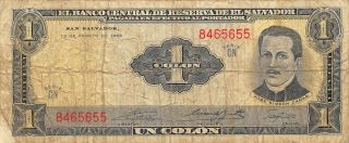 El Salvador 1 Colon 13.  8.  1968 Series Cn Circulated Banknote 2lb