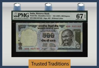 Tt Pk 92a Nd (1997) India Reserve Bank 500 Rupees " Gandhi " Pmg 67 Epq None Finer