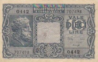 1944 Italy 10 Lire Note,  Pick 32b
