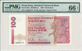 Standard Chartered Bank Hong Kong $100 1993 Prefix Aa S/no 888xxx Pmg 66epq