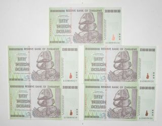 5 Consecutive 50 Trillion Dollar Zimbabwe Uncirculated Notes 2008 Authentic 336