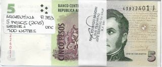 Argentina Bundle 100 Notes 5 Pesos (2015) Suffix J P 353 Unc