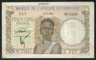 1943 French West Africa 25 Francs Note.