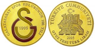 Turkey 2005 100th Ann Of The Galatasaray Sports Gold Plated Silver Coin Proof