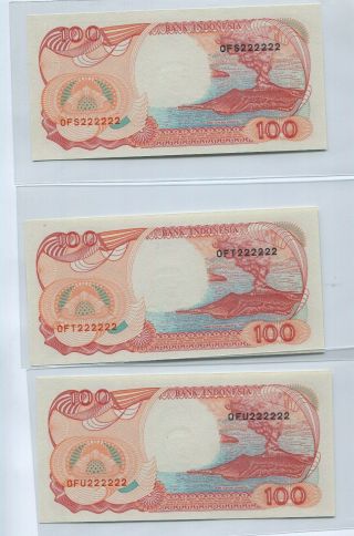 Indonesia 1992 Series 100 Rupiah Solid Number Ofs 222222,  Oft 222222,  Ofu 222222