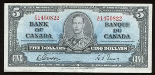 1937 Bank Of Canada $5 Note - Bc - 23b Transitional Prefix S/n: X/c1450822