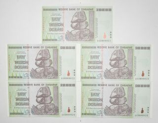 5 Consecutive 50 Trillion Dollar Zimbabwe Uncirculated Notes 2008 Authentic 335