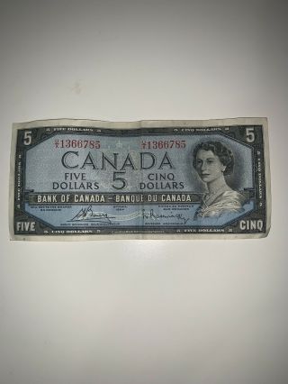 Canadian 1954 Series Five 5 Dollar Bill Bills Bank Notes Circulated Fair