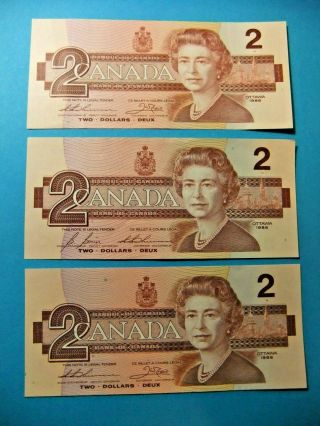 3x 1986 Bank Of Canada 2 Dollar Notes - Au