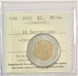2010 Canada $2 Polar Bear (16 Serrations) Iccs Certified Ms 64 35815