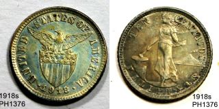 Philippines 10 Centavos 1918 - S Almost Uncirculated Toned 75 Silver Coin