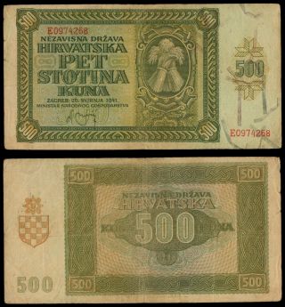 Fe.  033} Croatia 500 Kuna 1941 / Ustasa Wwii Germany Italy Ally / Vf