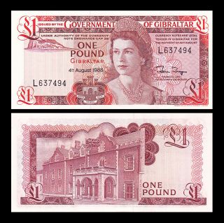 Gibraltar 1 Pounds,  1988,  Qeii,  P - 20e,  Unc