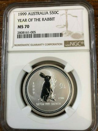 1999 Australia 50c 1/2 Oz Lunar Year Of The Rabbit Coin - Ngc Ms 70 Finest Known