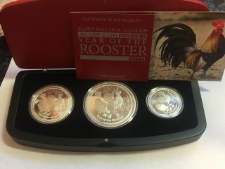 2017 Australian Lunar Year Of The Rooster Silver Proof 3 Coin Set