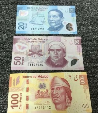 Set Of 3 Banco De Mexico Notes,  2 Polymer With The Security Window Lower Right