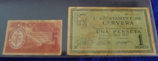 Spanish Civil War Banknote 1 Peseta April 1937 L´ajuntament De Cervera And 5 Cts