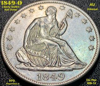 1849 - O Liberty Seated Silver Half Dollar - Rpd (wb - 14) Au