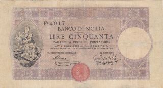 50 Lire Vg - Fine Banknote From Italy/sicilia 1919 Pick - S896 Very Rare