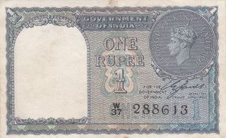 1 Rupee Very Fine Banknote From British India 1940 Pick - 25 Green Serial
