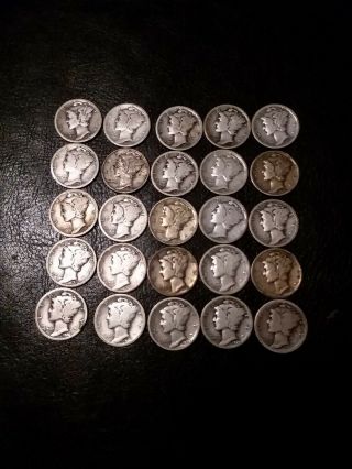 (25) 90 Silver Mercury Dimes,  Mixed Dates,  1/2 Roll