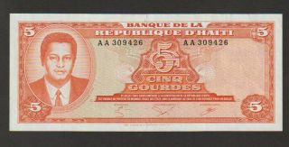 Haiti,  5 Gourdes Banknote,  1985,  Choice About Uncirculated,  Cat 241 - A