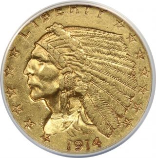 1914 $2.  5 ANACS AU 50 (Better Date) Indian Head Gold Quarter Eagle 3