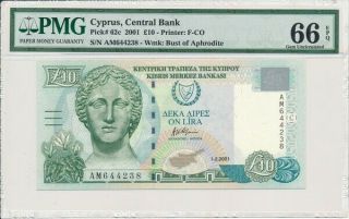 Central Bank Cyprus 10 Pounds 2001 Pmg 66epq