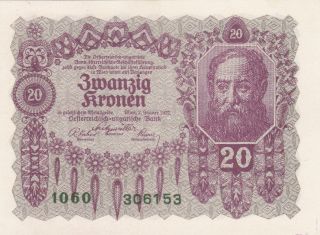 20 Kronen Aunc Banknote From Austria 1922 Pick - 76
