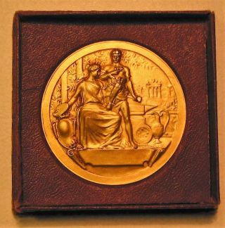 Art Nouveau Greek Woman & Man Victory 1933 Gilt Bronze Medal By Cantillon,  Case