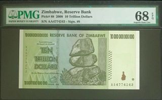 Zimbabwe 10 Trillion Dollars 2008 P 88 Gem Unc Pmg 68 Epq High