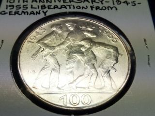 1955 Czechoslovakia 100 Korun KM 45 Silver uncirculated coin,  Liberation 4