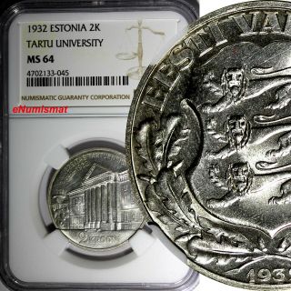 Estonia Silver 1932 2 Krooni Ngc Ms64 Mintage - 100,  000 Tartu University Km 13