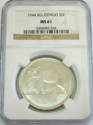 1944 Silver Belgian Congo 50 Francs African Elephant Coin Ngc State 61