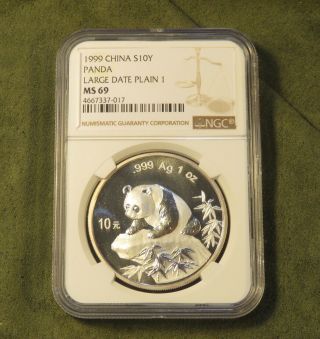 China 1999 Large Date 10 Yuan Panda Silver Coin Ngc Ms69 Temple Of Heaven Plain