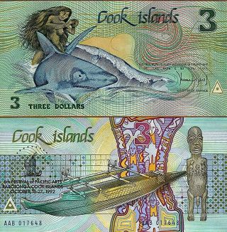 3 Dollars Banknote Cook Islands 1992 - Commemorates Pacific Arts Festival - Unc
