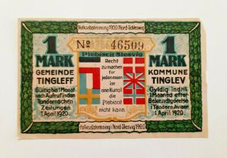 Tingleff (denmark Tinglev) Notgeld 1 Mark 1920 Emergency Money Germany (9894)