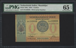 1940 Netherlands Indies 1 Gulden Sn Xxx888 P - 108a Muntbiljet,  Pmg 65 Epq Gem Unc