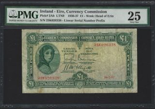 1937 Ireland 1 Pound,  State Currency Comission Rare Type,  Pmg 25 Vf,  P - 2ab