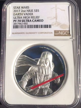 Darth Vader High - Relief,  2 Oz Silver Coin: 2017 Niue Star Wars Series,  Ngc Pf70