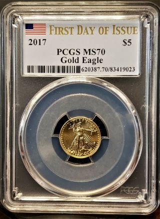 2017 American Gold Eagle $5 1/10 Oz - First Day Of Issue Fdoi Pcgs Ms 70