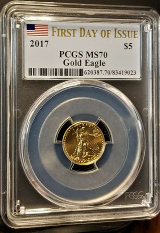 2017 AMERICAN GOLD EAGLE $5 1/10 OZ - FIRST DAY OF ISSUE FDOI PCGS MS 70 3