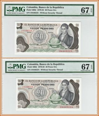 Consecutive 1979 - 1983 Colombia 20 Pesos Oro Pmg 67 Epq Gem Unc Notes (2)