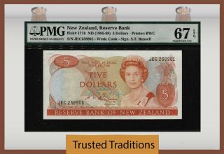Tt Pk 171b 1985 - 89 Zealand 5 Dollars Queen Elizabeth Ii Pmg 67 Epq