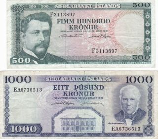 Iceland Pair; 500 & 1000 Kronur Notes 1961 Series