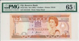 Reserve Bank Fiji $5 Nd (1992) Pmg 65epq