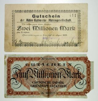 Germany Notgeld.  2 Million Mark 1923 (adler),  5 Million Mark 1923 (frankfurt)