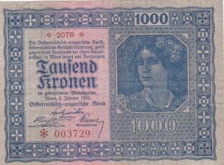 1000 Kronen Very Fine Banknote From Austria 1922 Pick - 78