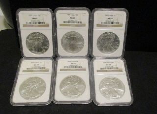 1999 Through 2004 American Silver Eagles - All Ngc Ms 69 - 095 Enn Coins